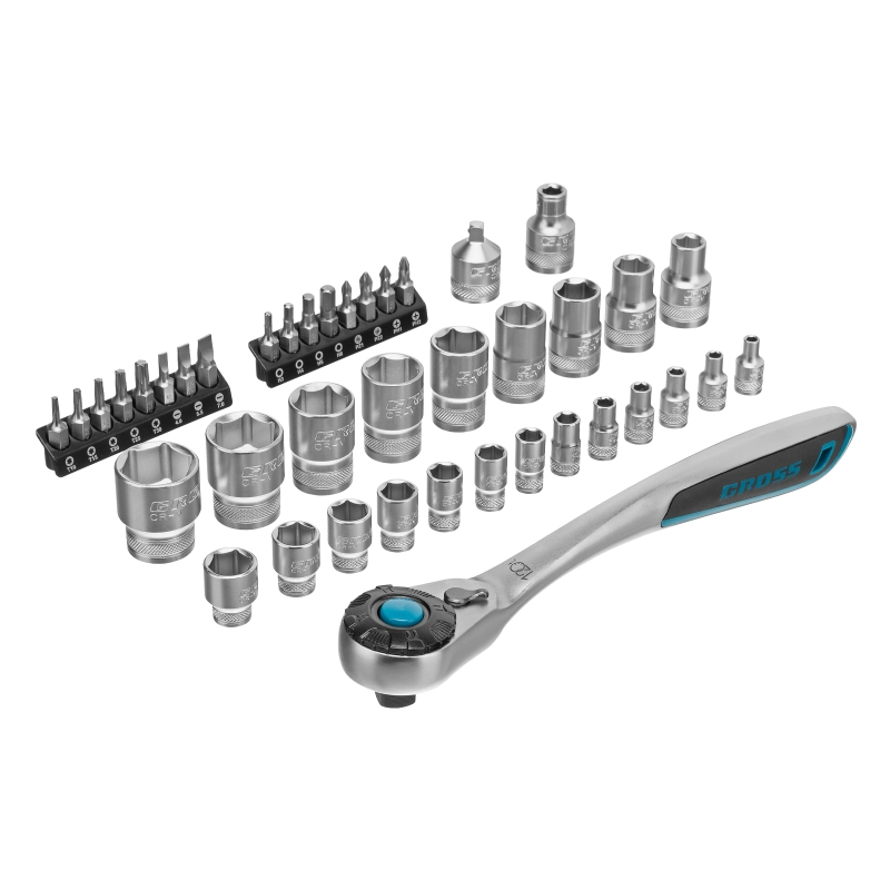 Набор торцевых головок, трещотка 120 зубьев, 1/2", 1/4", CrV, 41 предмет Gross (14143)