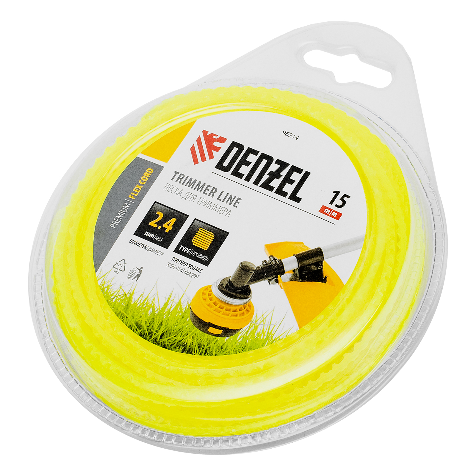 Леска для триммера зубчатый квадрат, 2,4мм х 15м, FLEX CORD, DENZEL (96214)