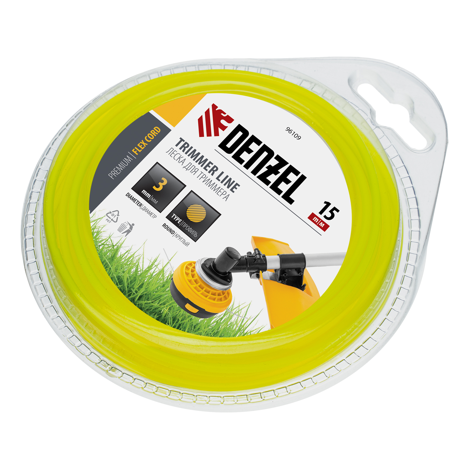 Леска для триммера, круглая 3 мм х 15 м, блистер Flex cord Denzel (96109)