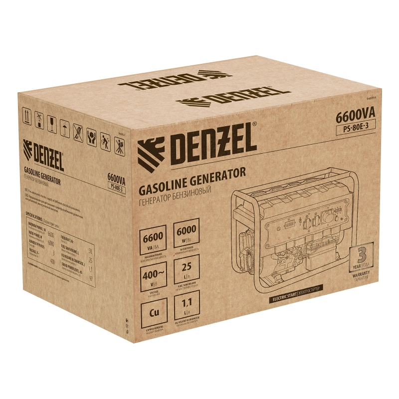 Генератор бензиновый PS 80 E-3, 6.6 кВт, 400 В, 25 л, электростартер Denzel (946954)