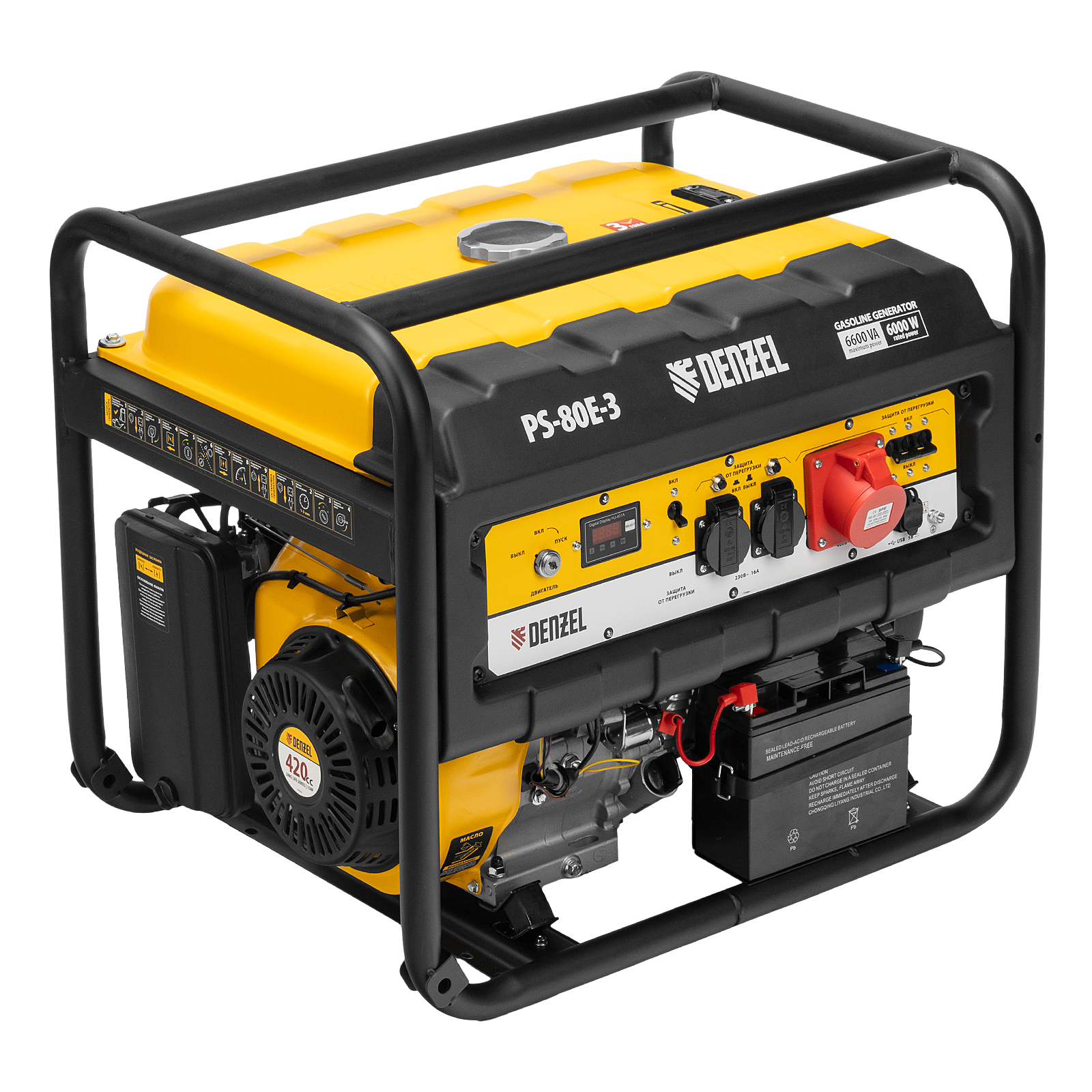 Генератор бензиновый PS 80 E-3, 6.6 кВт, 400 В, 25 л, электростартер Denzel (946954)