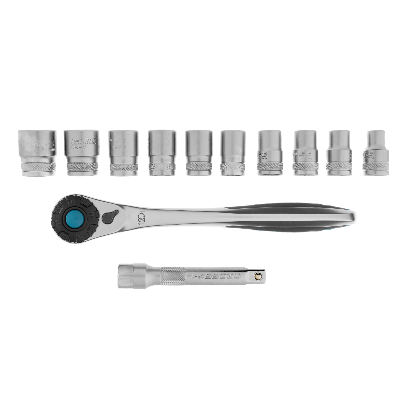 Набор торцевых головок, трещотка 120 зубьев, 1/2", CrV, 12 предметов Gross (14138)