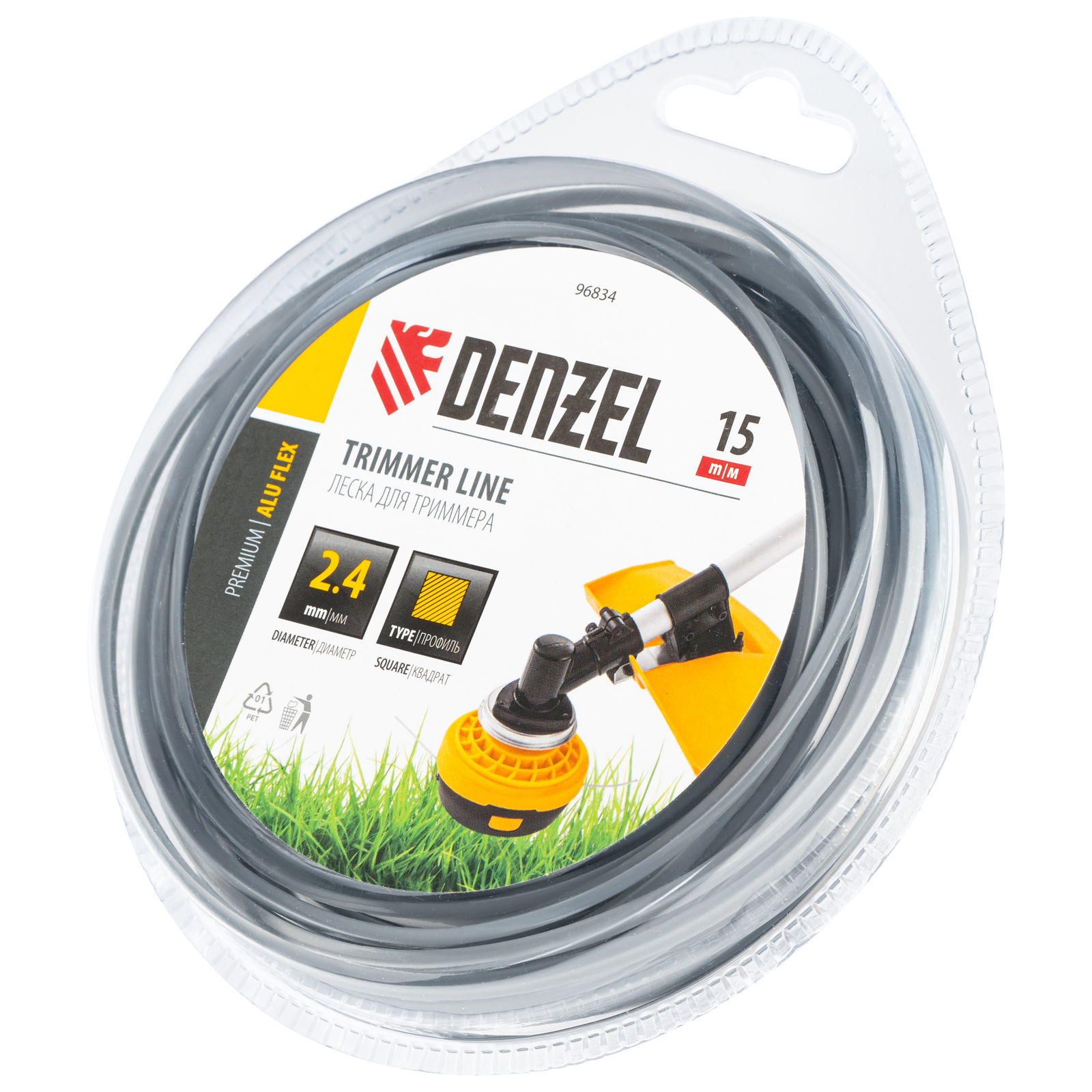Леска для триммера армированная алюминием квадратная, 2,4мм х 15м, блистер ALUFLEX Denzel (96834)