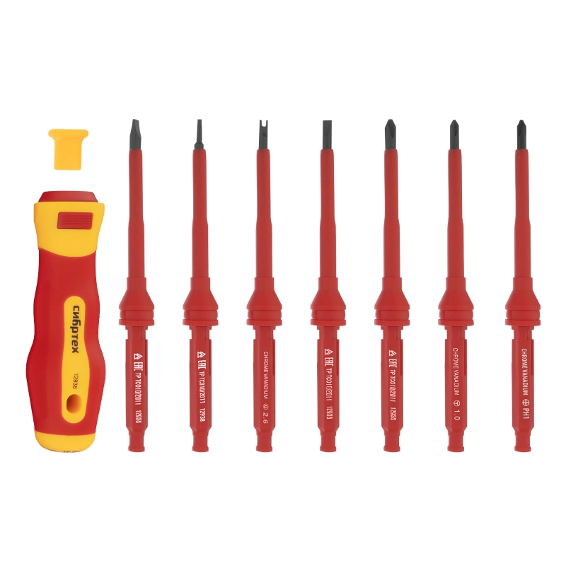 Отвертка со сменными жалами, диэлектрическая до 1000 В, 9 предметов, CrV Сибртех (12938)