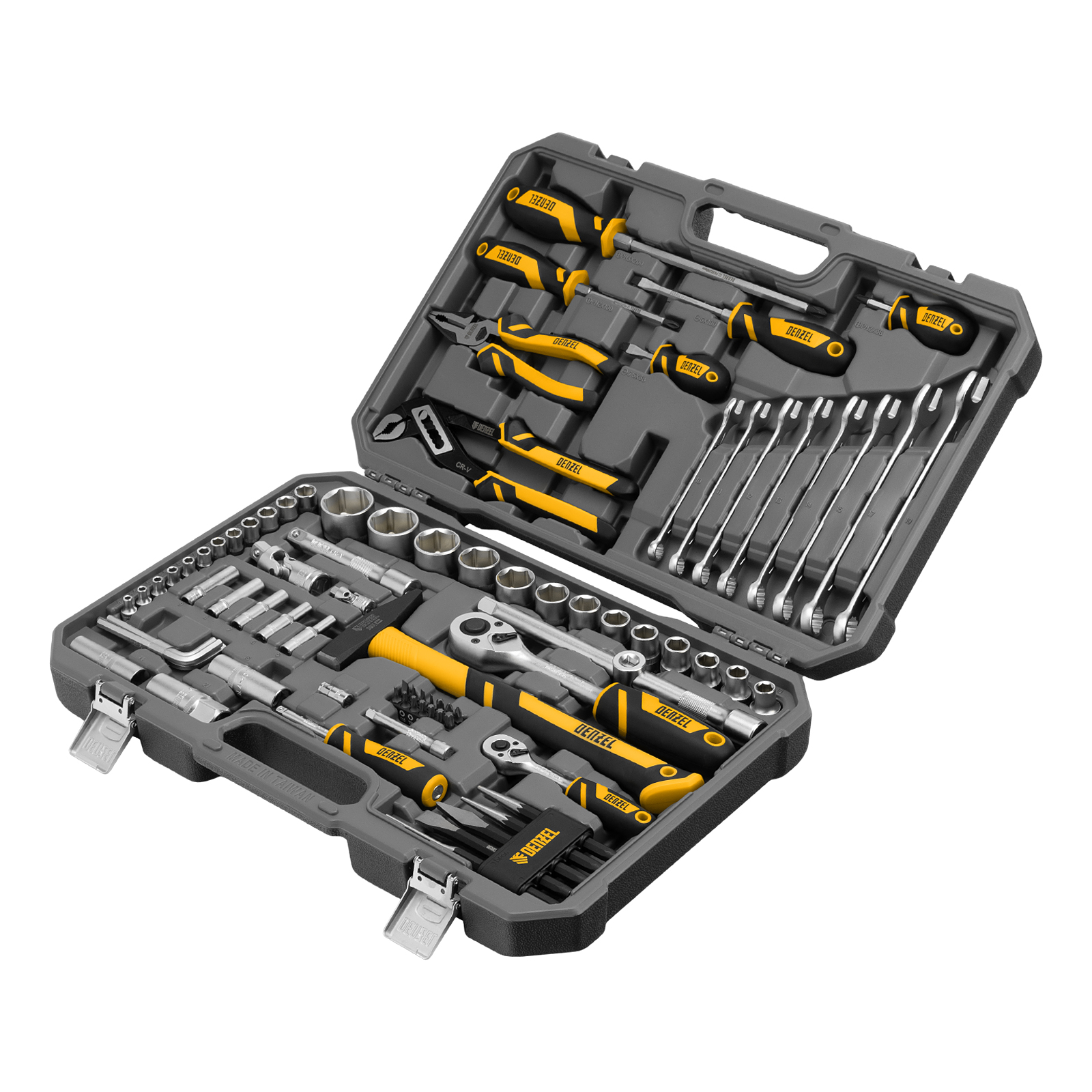 Набор инструментов, 1/2", 1/4", CrV, S2, пластиковый кейс, 84 предмета Denzel (15802)