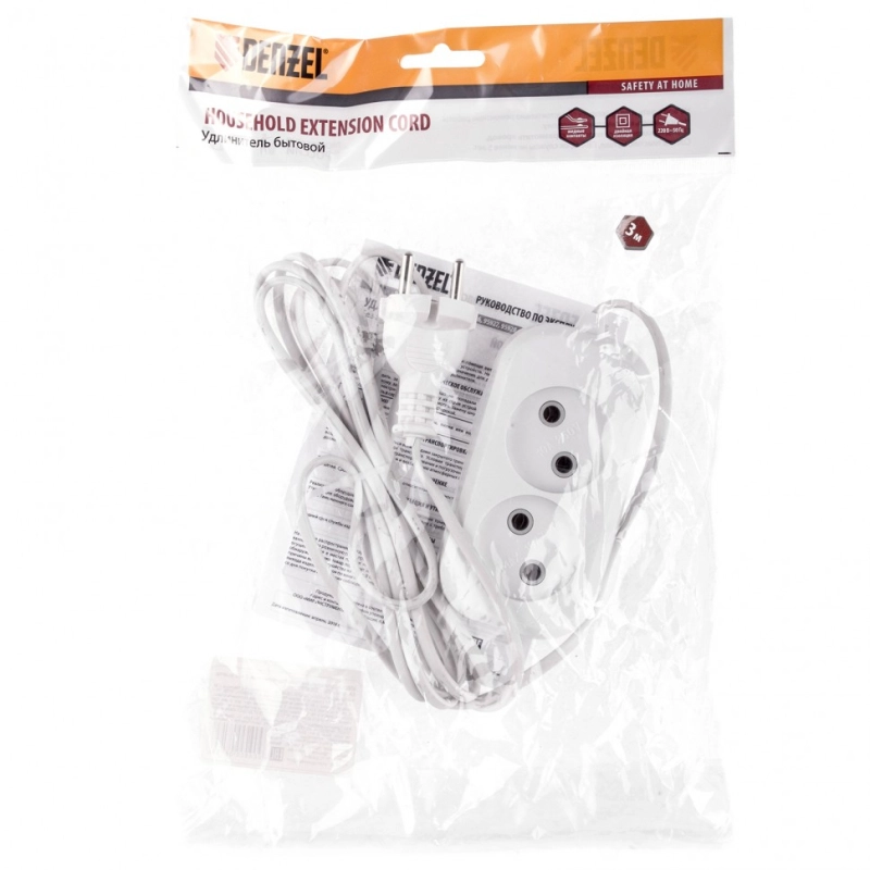 Удлинитель бытовой, без заземления, 3 м, 2 розетки, 6 A, серия УХ6 Denzel (95921)