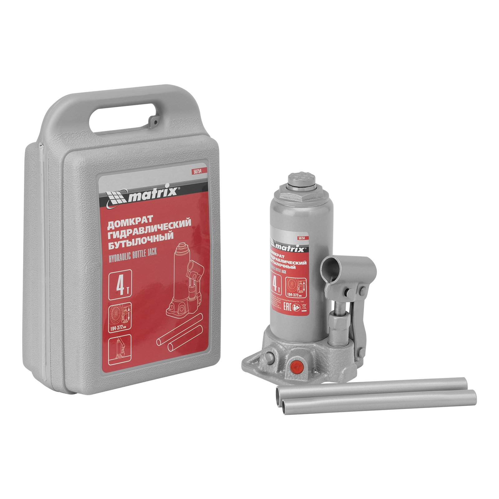 Домкрат гидравлический бутылочный, 4 т, высота подъема 194-372 мм, в пластиковый кейсе Matrix (50754)