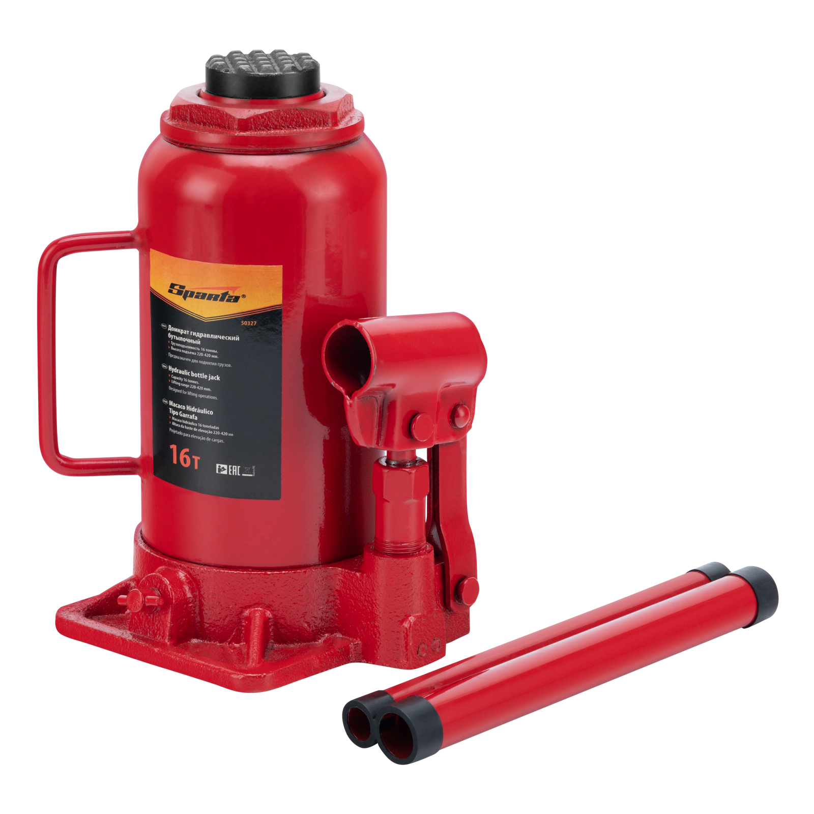 Домкрат гидравлический бутылочный, 16 т, h подъема 220-420 мм Sparta (50327)