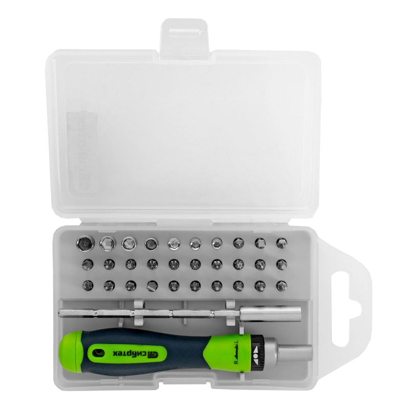 Отвертка реверсивная для точных работ с набором бит и торцевых головок, 32 предмета, CrV Сибртех (13370)