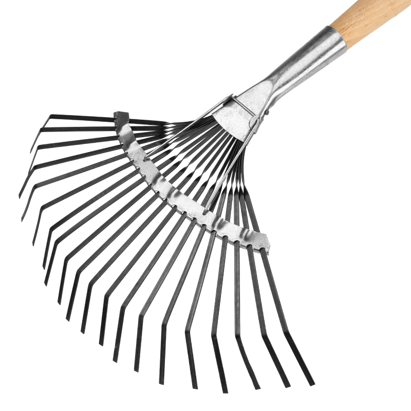 Грабли веерные стальные, 385 х 1450 мм, 20 плоских зубьев, деревянный черенок, Сибртех (61779)