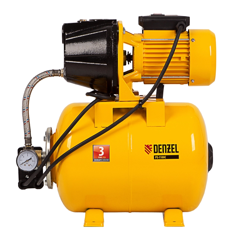 Насосная станция PS1100С, 1100 Вт, 4500 л/ч, ресивер 24 л, подъем 46 м, чугун Denzel (97215)