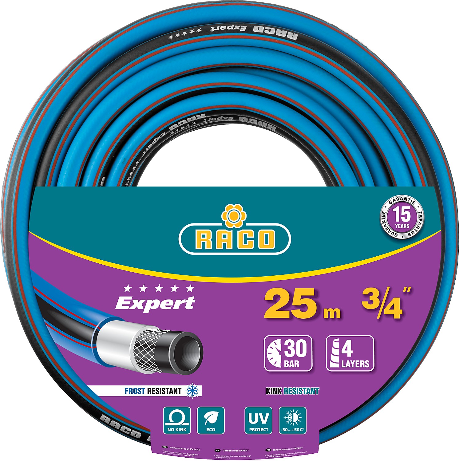 RACO EXPERT, 3/4″, 25 м, 30 атм, четырёхслойный, армированный, поливочный шланг (40302-3/4-25)