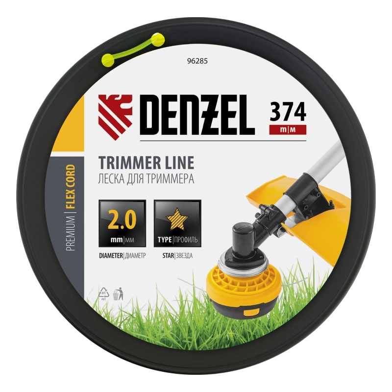 Леска для триммера звезда, 2,0мм х 374м, на DIN катушке FLEX CORD,  Denzel (96285)