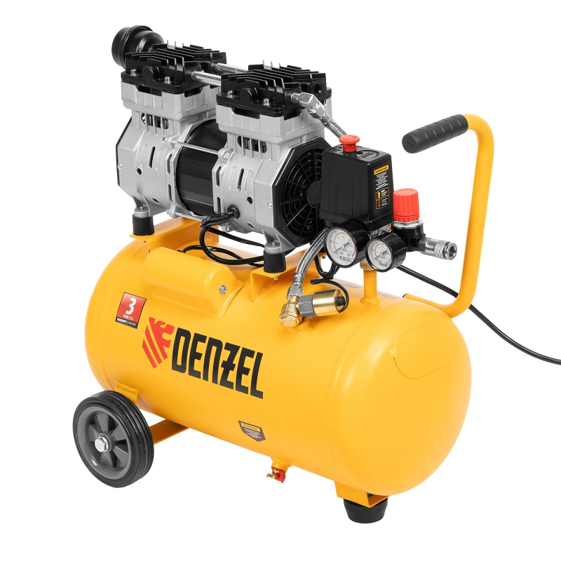Компрессор DLS950/24 безмаслянный малошумный 950 Вт, 165 л/мин, ресивер 24 л Denzel (58026)