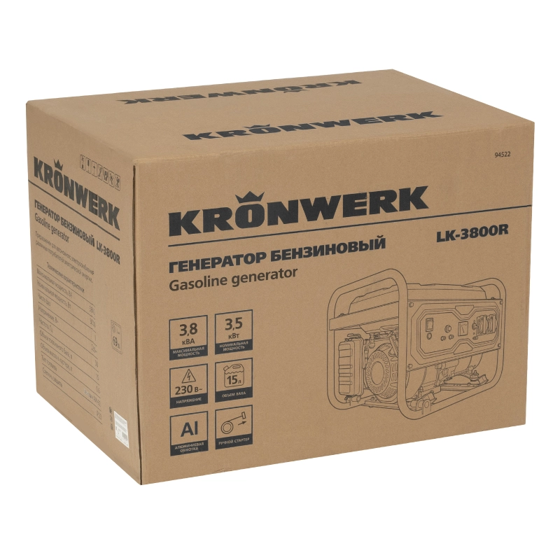 Генератор бензиновый LK-3800R, 3,8 кВт, 230В, ручной стартер Kronwerk (94522)