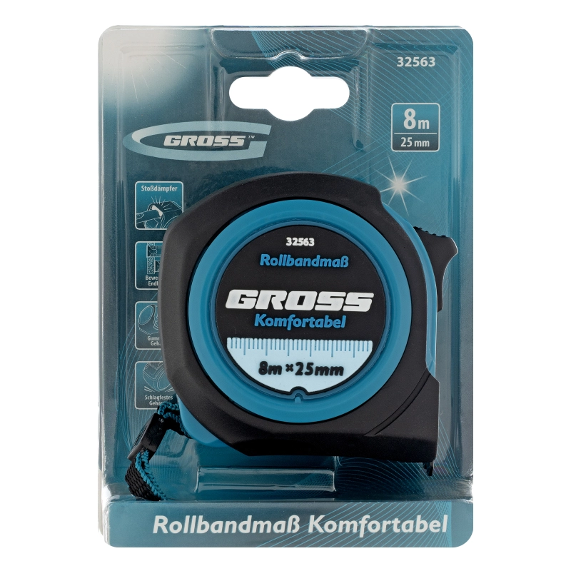Рулетка Komfortabel 8 м х 25 мм,обрезиненный корпус Gross (32563)