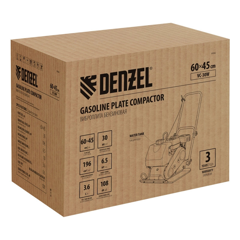 Виброплита бензиновая VC-30W, 30 кН, 60*45 см, 196 см3, бак для воды Denzel (97042)