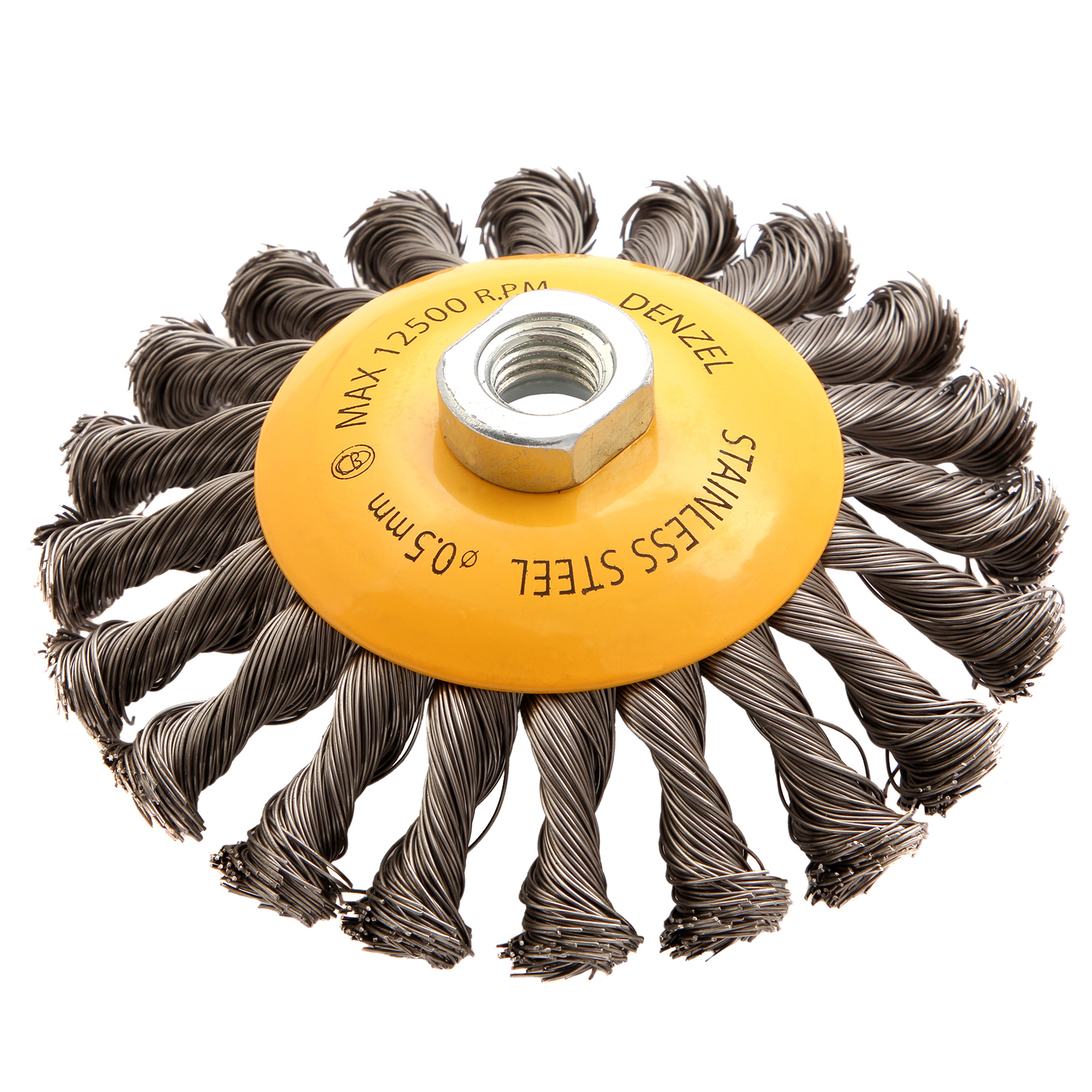 Щетка для УШМ, 125 мм, "Тарелка", крученая нержавеющая проволока 0.5 мм, М14 Denzel (746113)
