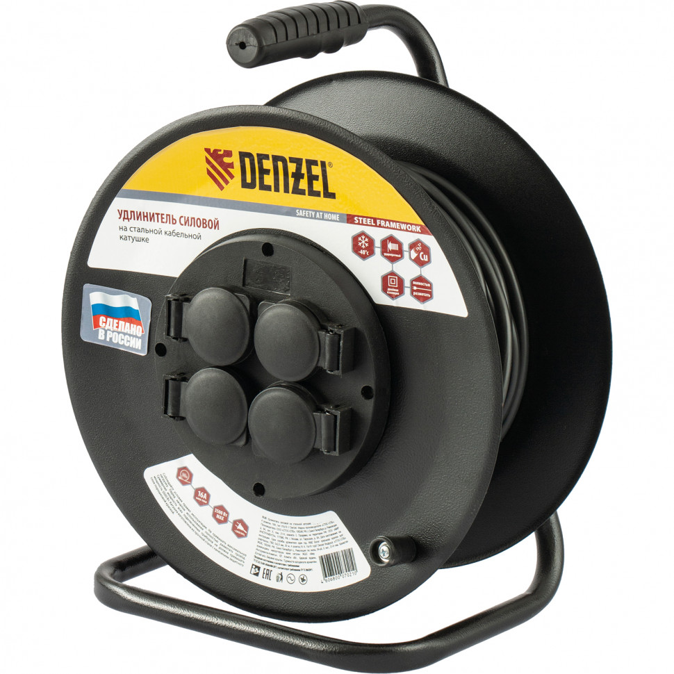 Удлинитель силовой на стальной катушке, ПВС 3 х 2.5 мм, 30 м, 4 розетки, 16 А, тип УХз-16 Denzel (95984)