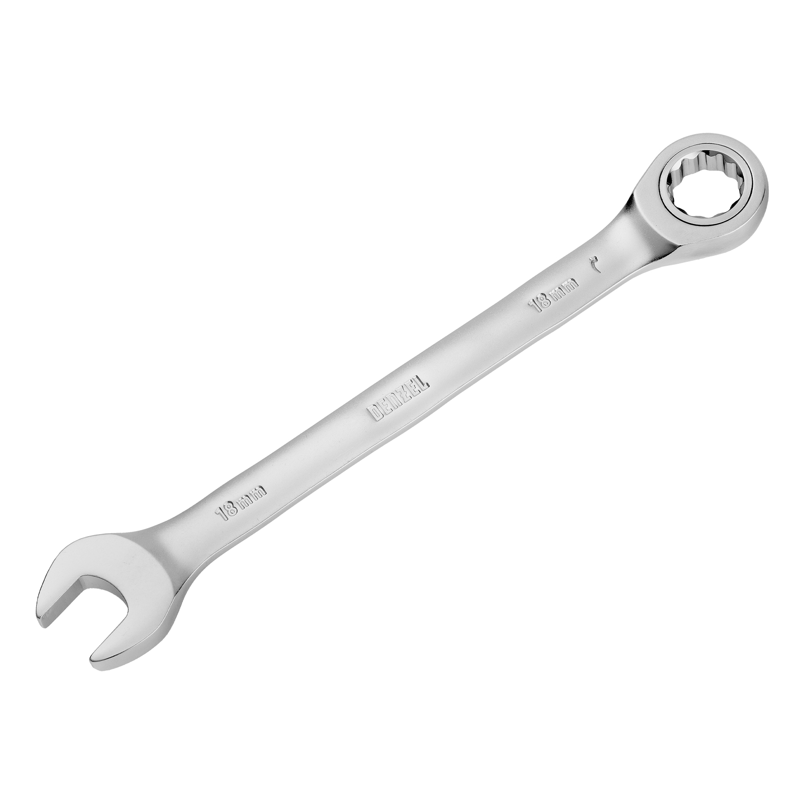 Ключ комбинированный трещоточный, 18 мм, CrV, матовый хром Denzel (14712)