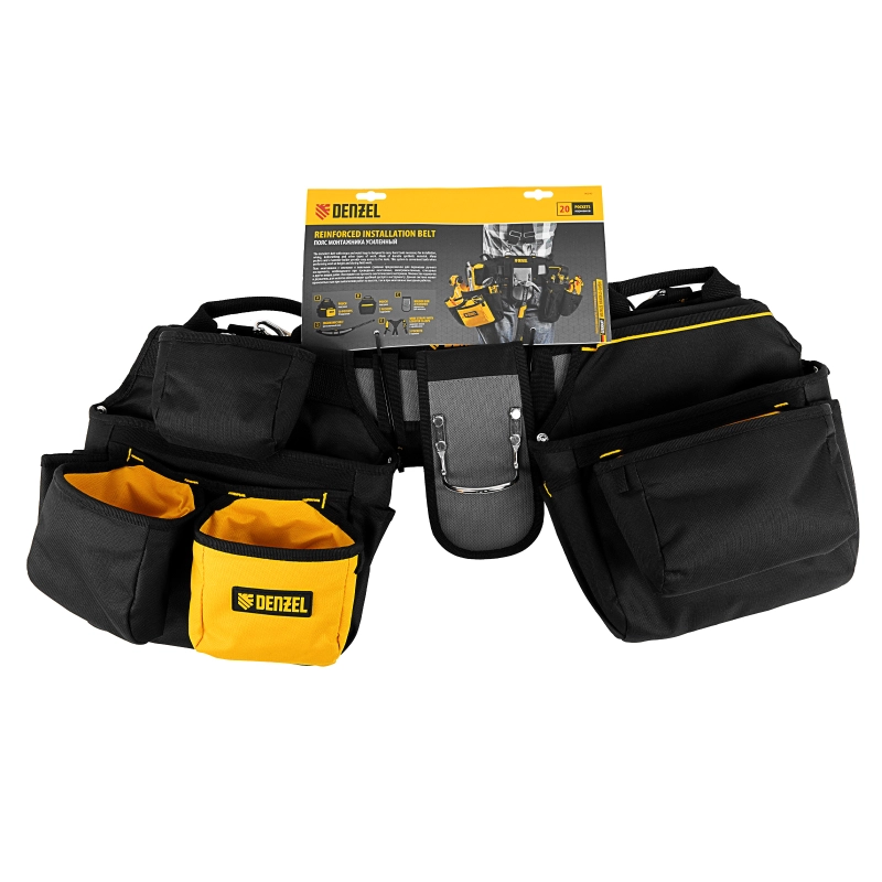 Пояс монтажника усиленный, с лямками, сумки поясные, держатель для молотка Denzel (90290)
