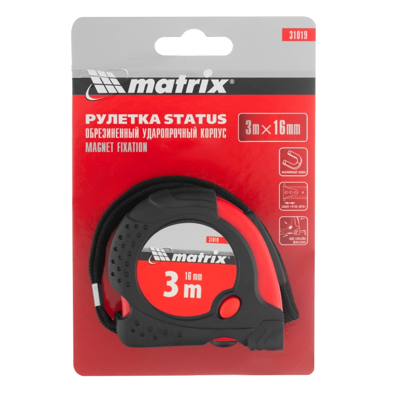 Рулетка Status Magnet fixation,3 м х 16 мм,обрезиненный корпус,зацеп с магнитом Matrix (31019)
