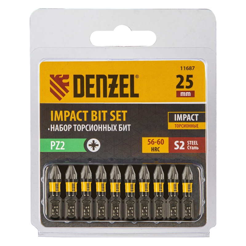 Бита IMPACT, PZ2x25 мм, лазерная обработка шлица, сталь S2, 10 шт., Е 6,3 Denzel (11687)