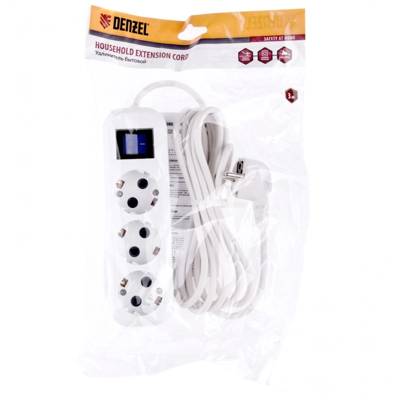 Удлинитель бытовой, с заземлением и выключателем, 3 м, 3 розетки, 10 A, серия УХз10 Denzel (95971)