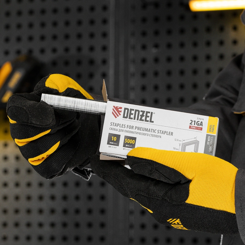 Скобы 21GA для пнев. степл., 10мм, шир. - 0,95мм, тол. - 0,6мм, шир. скобы - 12,8мм, 5000шт Denzel (57674)