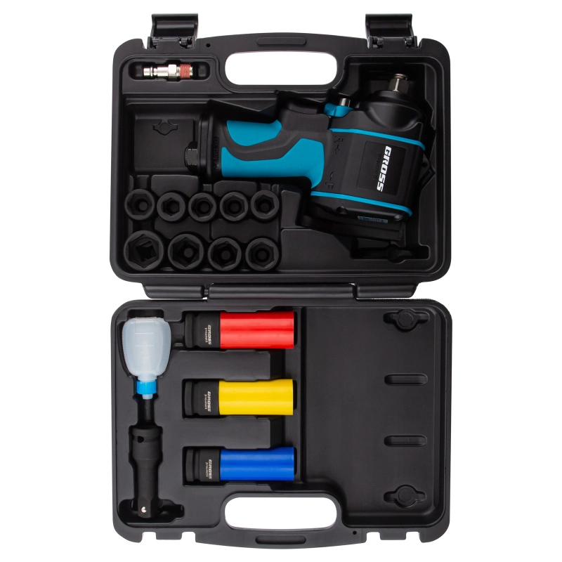 Гайковерт пневматический ударный G985K2, 1/2, 610Нм 9000 об/мин, с набором 17 предметов Gross (57445)