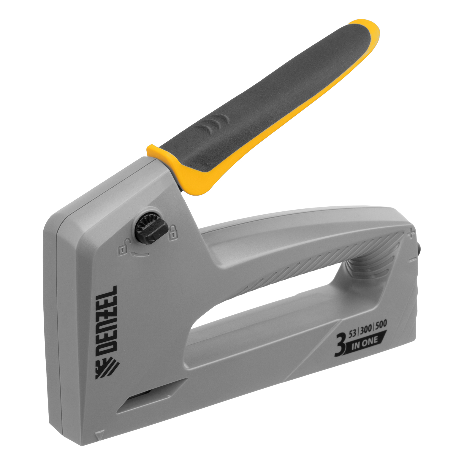 Степлер мебельный, пластиковый корпус, тип 53, 6-14 мм, тип 300, 15 мм, тип 500, 15 мм Denzel (40213)