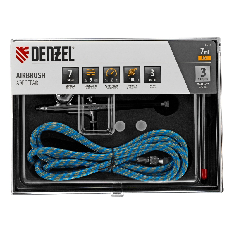 Аэрограф с верхним бачком AB1, 0.2/0.3/0.5 мм, 7 мл, 9 л/мин Denzel (57313)