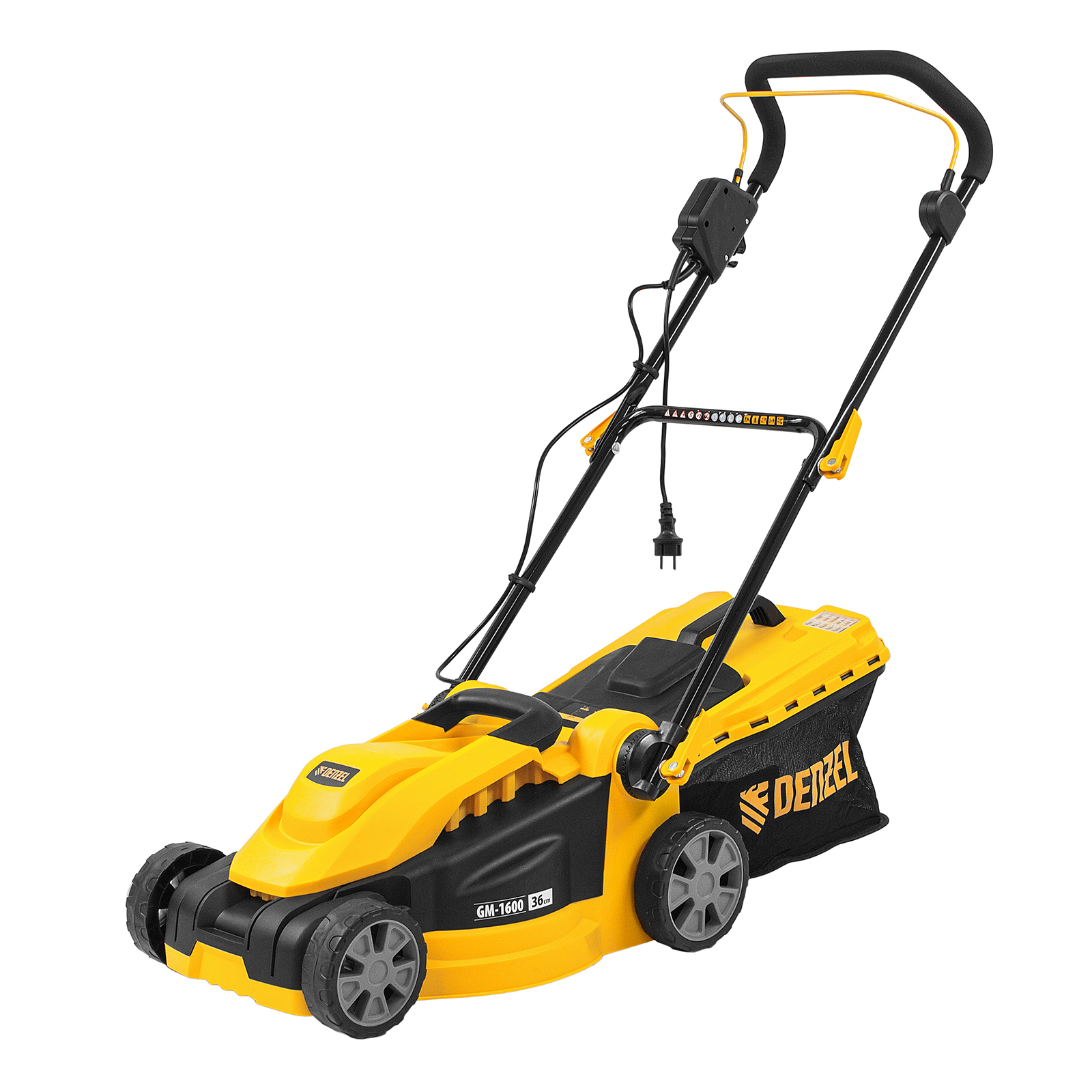 Газонокосилка электрическая GM-1600, 1600 Вт, ширина 36 см, 3 уровя, травосборник 35 л. Denzel (96616)