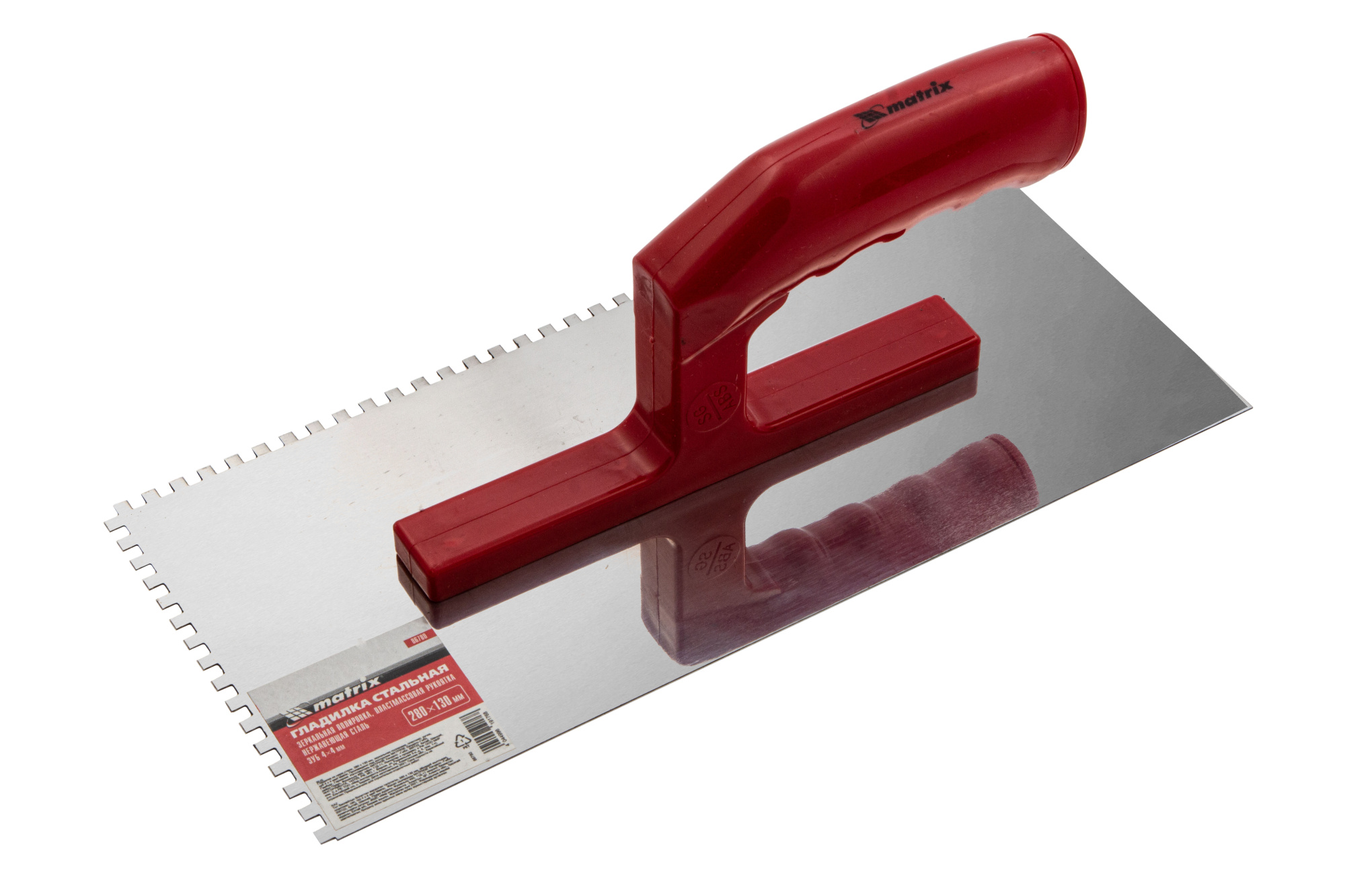 Гладилка из нержавеющей стали, 280 х 130 мм, зеркальная полировка, пластмассовая ручка, зуб 4 х 4 мм Matrix (86780)
